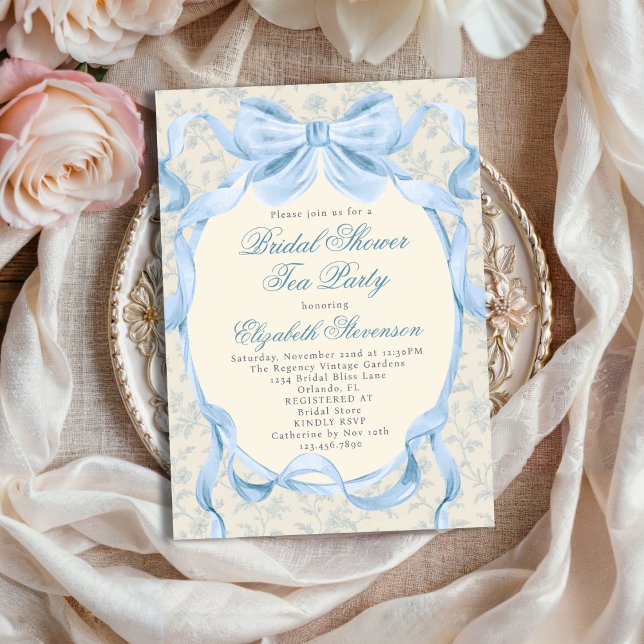 Blue Bow Regency Garden Tea Party Bridal Shower  Inbjudningar (Skapare uppladdad)