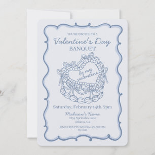 Blue Bow Retro Heart Coquette Cake Valentine Inbjudningar