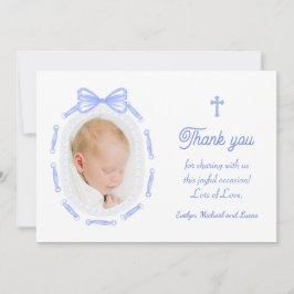 Blue Bow Ribbon Frame Baptism Thank You Card Inbjudningar