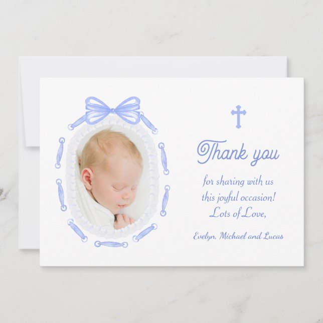 Blue Bow Ribbon Frame Baptism Thank You Card Inbjudningar (Framsida)
