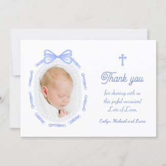 Blue Bow Ribbon Frame Baptism Thank You Card Inbjudningar