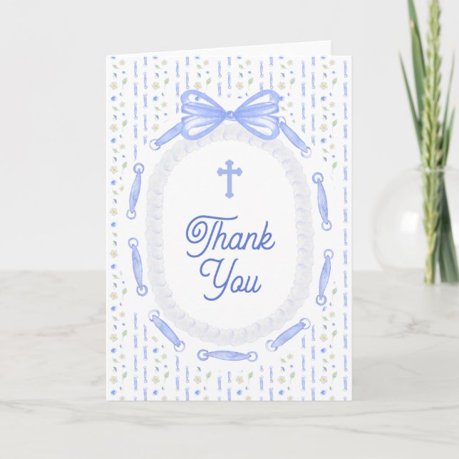 Blue Bow Ribbon Frame Floral Religious Thank You Kort (Framsida)