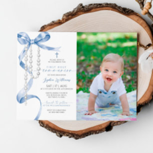 Blue Bow & Rosary Photo First Heliga Communion Inbjudningar