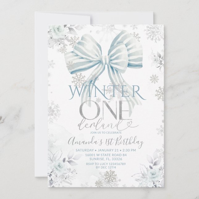 Blue Bow Silver Snow Winter Onederland Birthday Inbjudningar (Framsida)