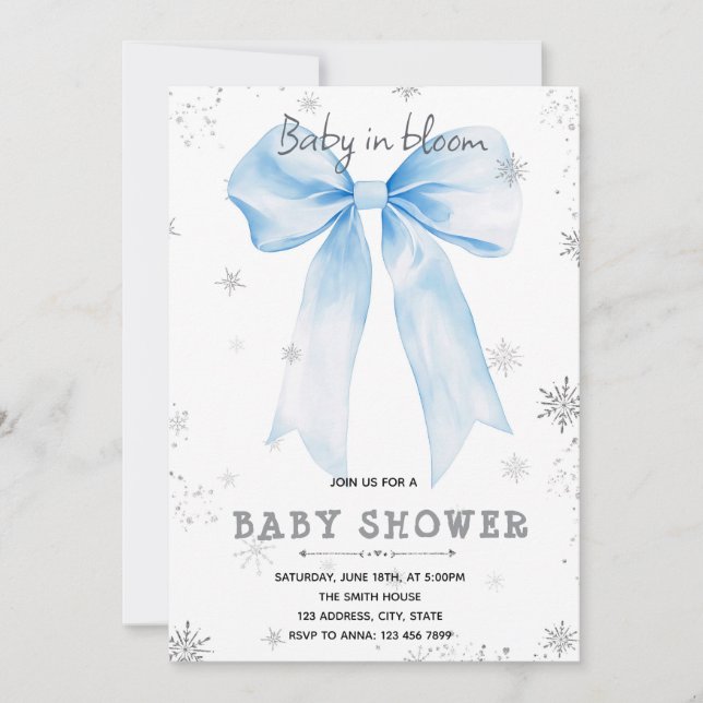 Blue Bow snowflake invitation Inbjudningar (Framsida)