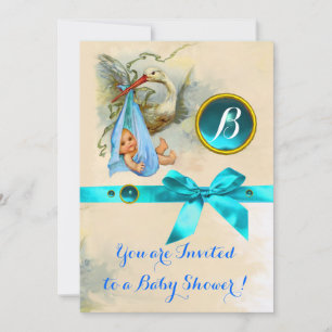 BLUE BOW STORK POJKE SHOWER GEMSTONE MONOGRAM INBJUDNINGAR