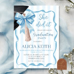 Blue Bow Stripes Coquette Tassel Graduation party  Inbjudningar<br><div class="desc">Blue Bow Stripes Coquette Tassel Graduation party Invitation,  She Did It Graduation Party Announcement,  Editable Graduation Party</div>