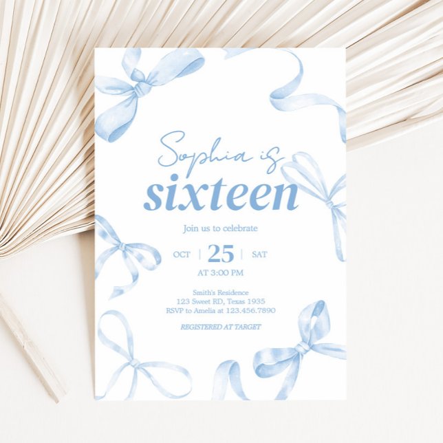 Blue Bow Sweet sixteen Birthday Inbjudningar (Coquette Blue Bow Sweet Sixteen Birthday Party Invitation)