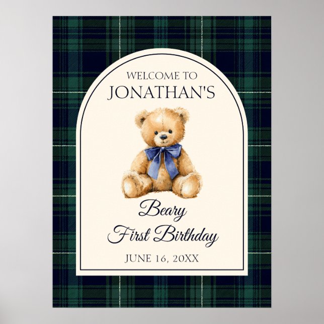 Blue Bow Teddy Bear Birthday Welcome Sign Poster (Framsidan)