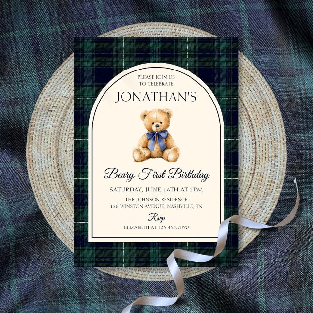 Blue Bow Teddy Bear Tartan Birthday Inbjudningar (Blue Bow Teddy Bear Tartan Birthday Invitation)