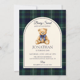 Blue Bow Teddy Bear Tartan Birthday Inbjudningar