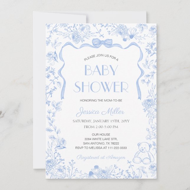 Blue Bow Toile De Jouy Boy Baby Shower Inbjudningar (Framsida)