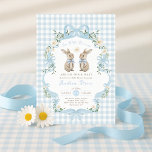 Blue Bow Twin Boys Bunny Baby Shower Inbjudningar<br><div class="desc">Celebrate the upcoming arrival of a little bundle of joy with this charming bunny baby shower invitation! Featuring a heartwarming illustration of two baby bunnies adorned with bows, and surrounded by soft florals and greenery, this design is the perfect blend of sweet, playful, and elegant. Set against soft blue gingham...</div>