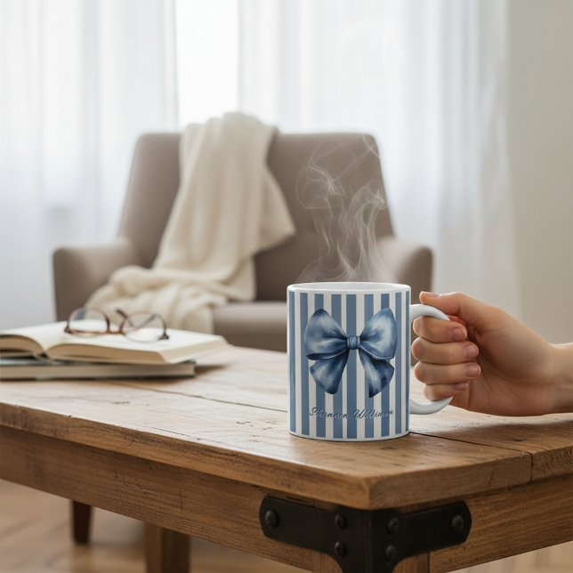 Blue Bow Watercolor Stripe Design Kaffemugg (Skapare uppladdad)