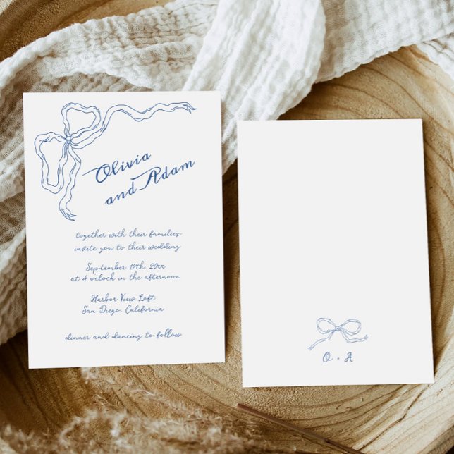 Blue Bow Whimsical Handwriter Elegant bröllop Inbjudningar (Skapare uppladdad)