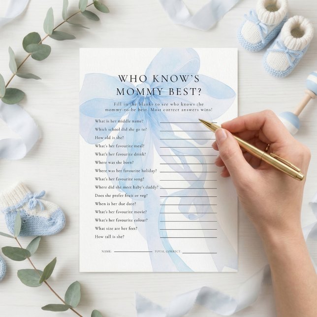 Blue Bow Who Knows Mommy Best Baby Shower card Inbjudningar (Skapare uppladdad)
