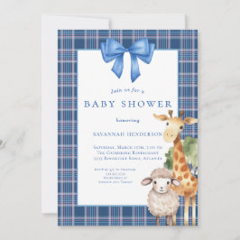 Blue Bow Woodland Animals Baby Shower Inbjudningar