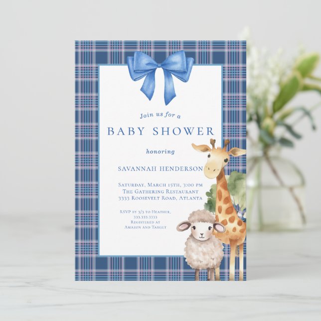 Blue Bow Woodland Animals Baby Shower Inbjudningar (Stående Fram)