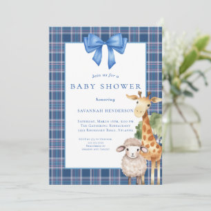 Blue Bow Woodland Animals Baby Shower Inbjudningar