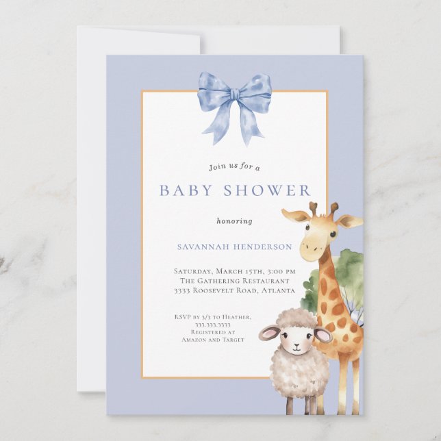 Blue Bow Woodland Animals Baby Shower Inbjudningar (Framsida)