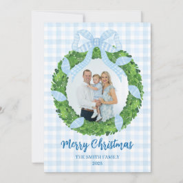 Blue Bow Wreath Christmas Photo Holiday Card Julkort