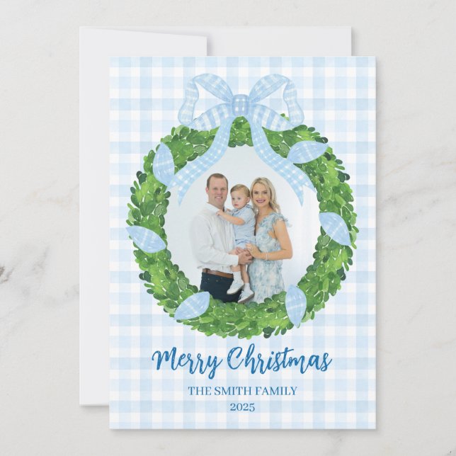 Blue Bow Wreath Christmas Photo Holiday Card Julkort (Framsida)