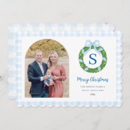 Blue Bow Wreath Christmas Photo Holiday Card Julkort