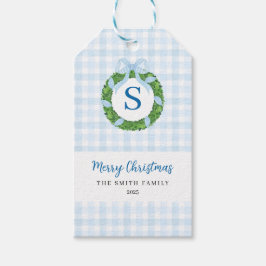 Blue Bow Wreath Gingham Christmas Presentetikett