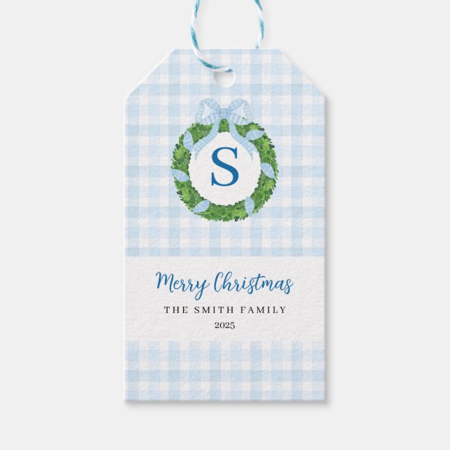 Blue Bow Wreath Gingham Christmas Presentetikett (Framsidan)