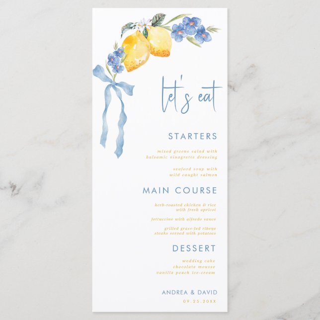 Blue Bow Yellow Lemon Italian Let's Eat Wedding Meny (Framsida)