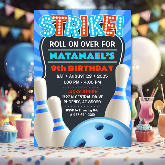 Blue Bowling Party Boys Birthday Inbjudningar (Boys Bowling Party Invitation)