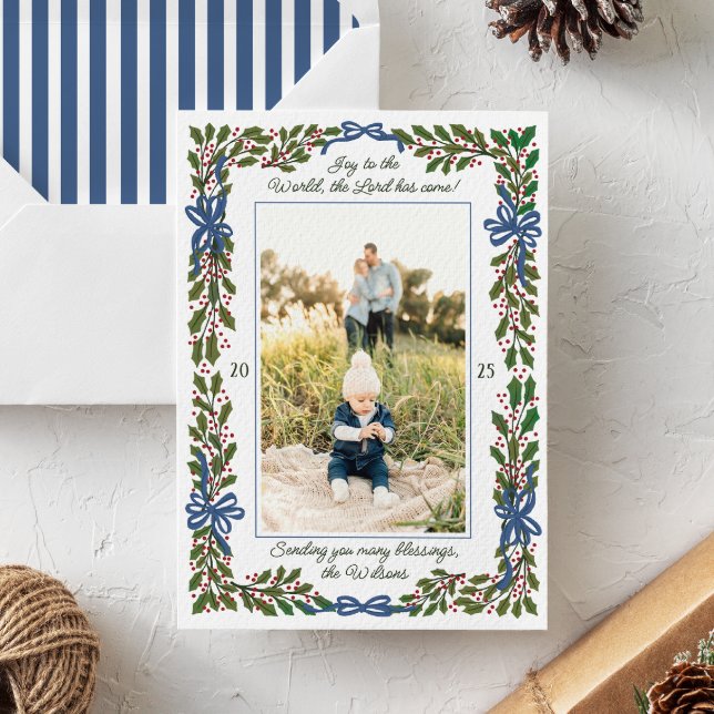 Blue Bows and Holly Garland One-Photo jul Julkort (charming illustrated boughs of holly and blue ribbon bows frame vertical photo with script text)