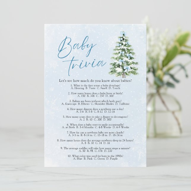 Blue Bows Christmas Baby Shower Baby Trivia Game Inbjudningar (Stående Fram)