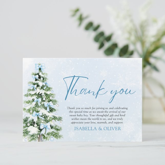 Blue Bows Christmas Tree Winter Thank you card Inbjudningar (Stående Fram)