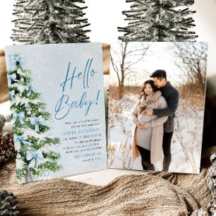 Blue Bows Julgran Hej Baby Baby Shower Inbjudningar