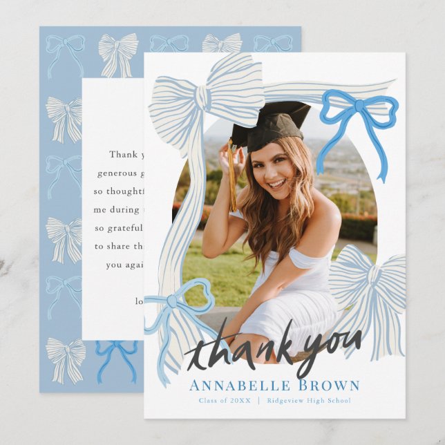 Blue Bows Photo Graduation Thank You Card Inbjudningar (Fram/baksida)
