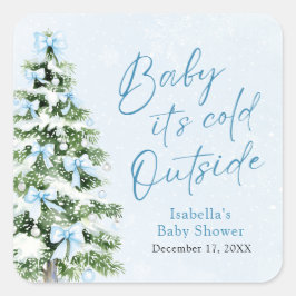 Blue Bows Pojke Baby It's Cold Outside Baby Shower Fyrkantigt Klistermärke