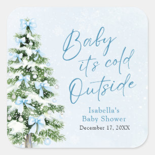 Blue Bows Pojke Baby It's Cold Outside Baby Shower Fyrkantigt Klistermärke