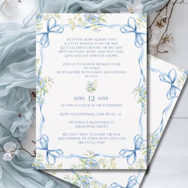 Blue Bows Rosett band & Blommigt Ram Baby Shower Inbjudningar (Skapare uppladdad)