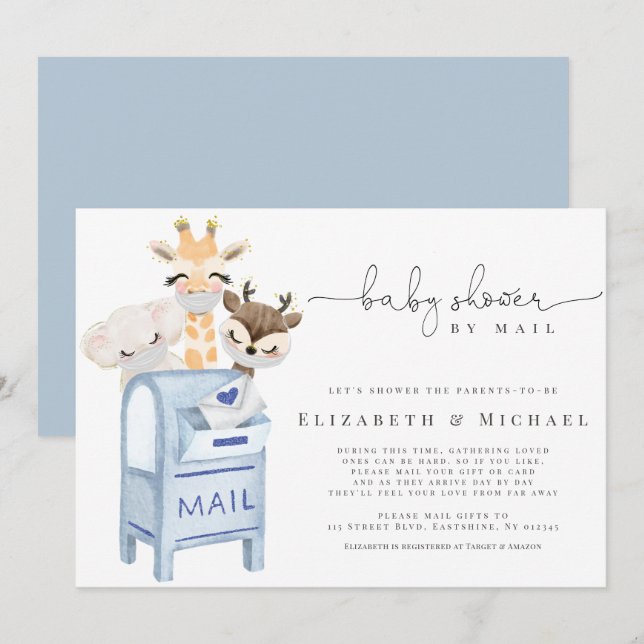 Blue Boy Baby Shower by Mail Mask Baby djur  Inbjudningar (Fram/baksida)