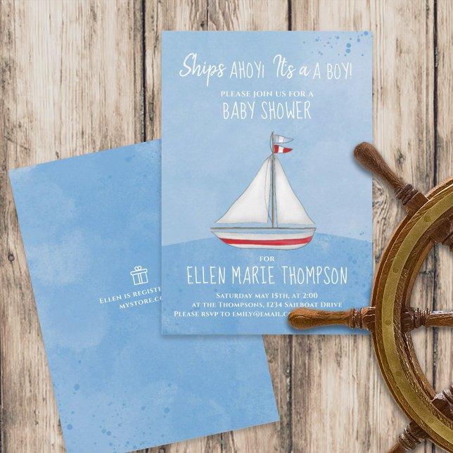 Blue Boy Baby Shower Cute Sailboat Inbjudningar (Blue baby shower sailing initiation with "Ships ahoy, It's a boy" lettering. )