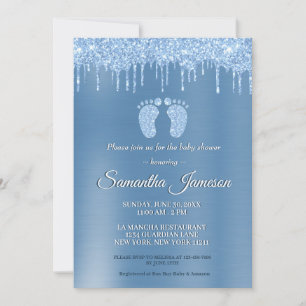 Blue Boy Baby Shower Glitter Drip Baby Feet Invita Inbjudningar