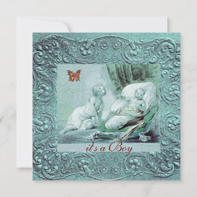 BLUE BOY BABY SHOWER MED BUTTERFLY Champagne Inbjudningar (Framsida)