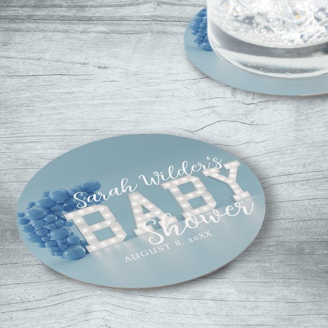 Blue Boy Balloon Arch Baby Shower Party Underlägg (Add your name and baby shower date to these cute coasters)