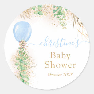 Blue Boy Balloon Watercolor Blommigt Baby Shower Runt Klistermärke
