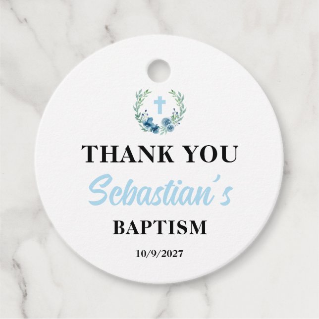 Blue Boy Baptism Round Gåvor Etiketter (Framsida)