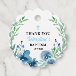 Blue Boy Baptism Round Scalloped Gåvor Etiketter