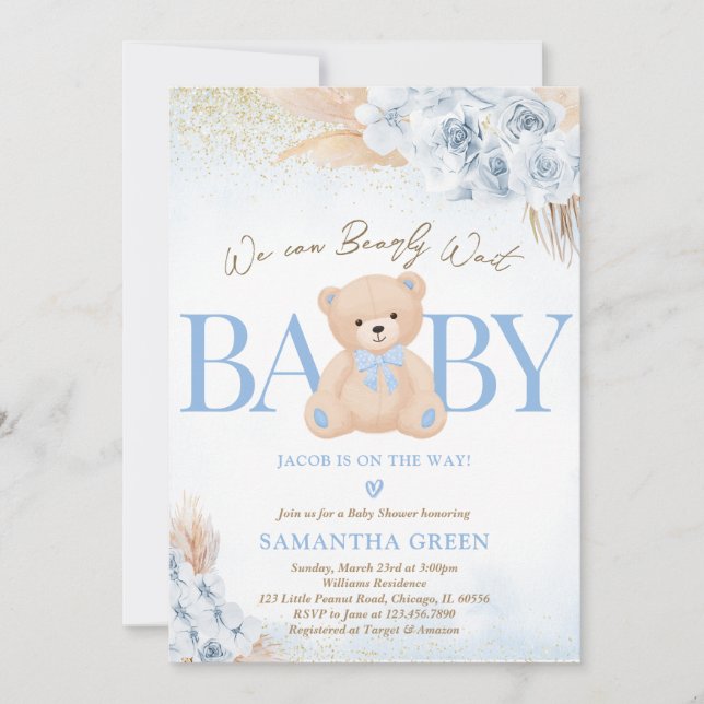 Blue Boy Bear Boho Baby Shower Inbjudningar (Framsida)