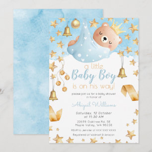 Blue Boy Bear på hans väg, Guld Stars Baby Shower Inbjudningar