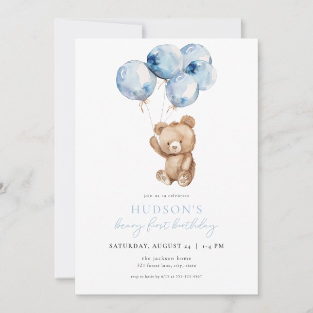 Blue Boy Beary First Birthday-inbjudan Inbjudningar (Framsida)